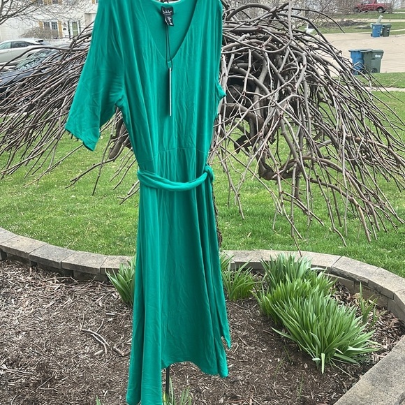 Nicole Miller v neck 3/4 sleeve belted maxi spring dress grass green size XL NWT - Picture 7 of 17